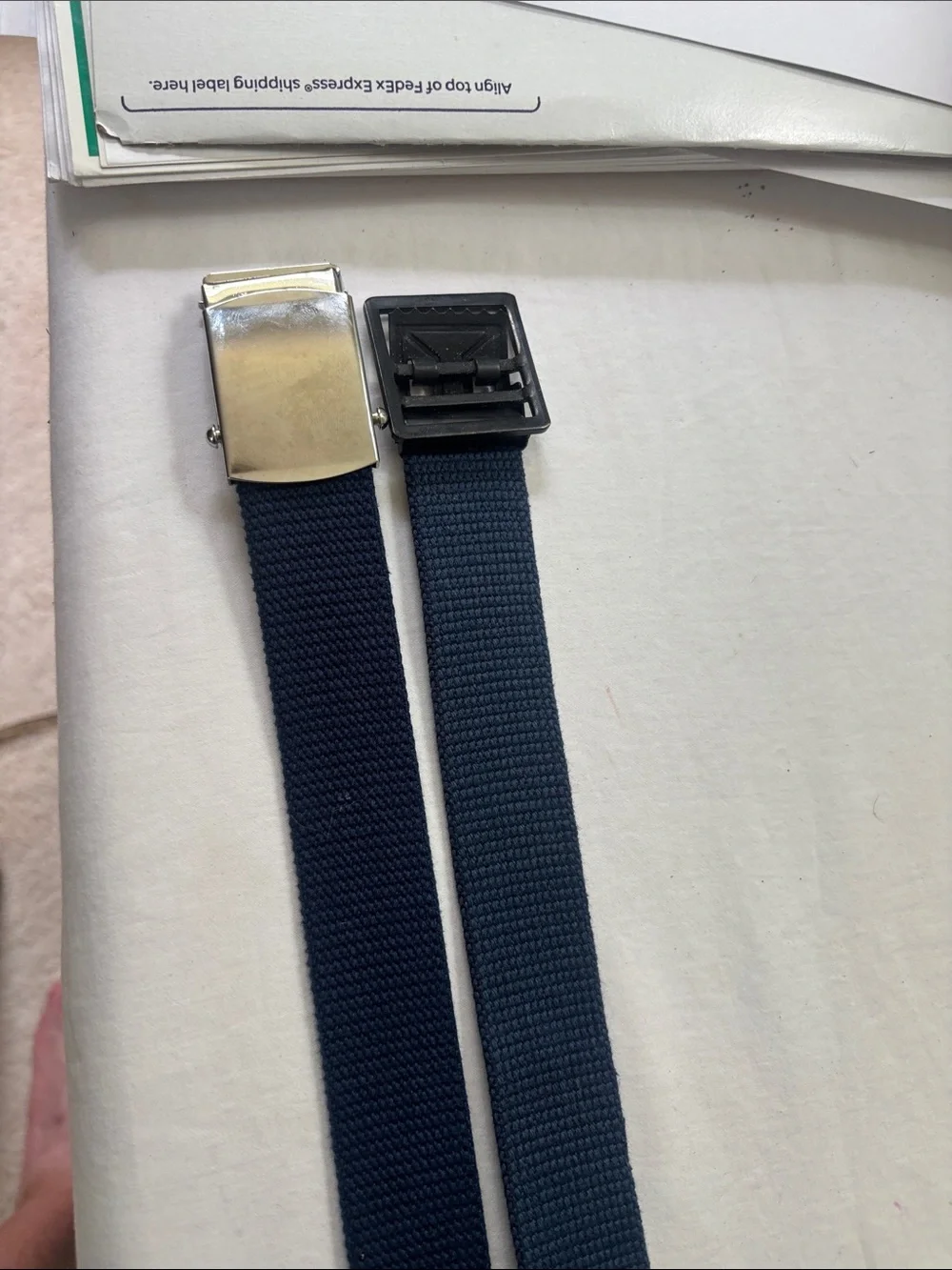 Navy Webbing Belt with Silver and Black Buckles